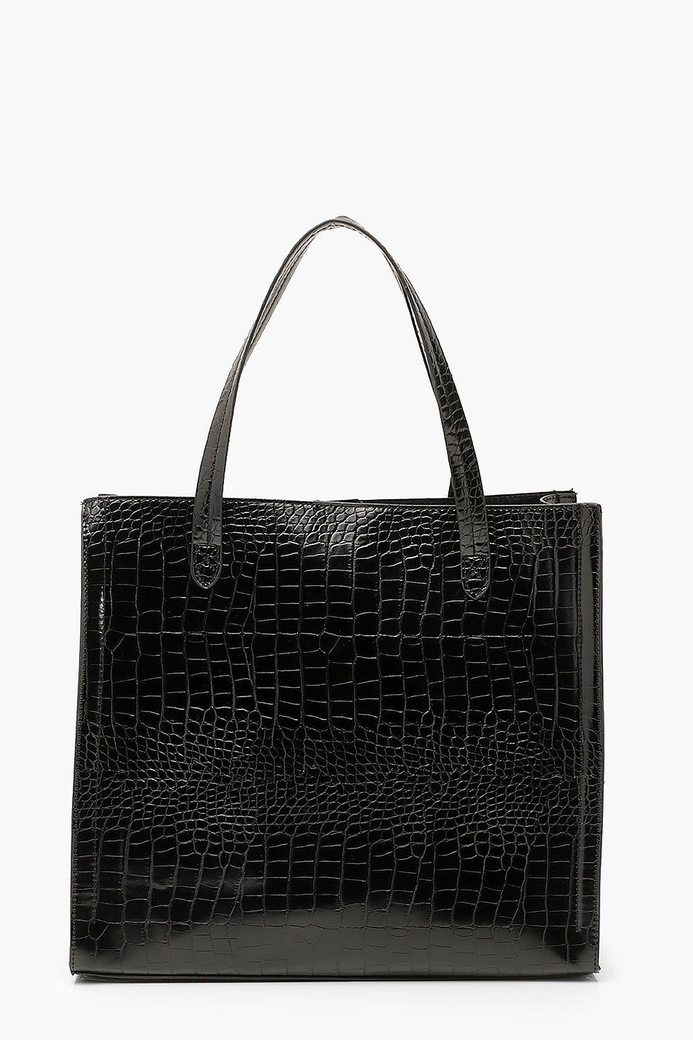 womens croc pu tote shopper bag - black - one size, black