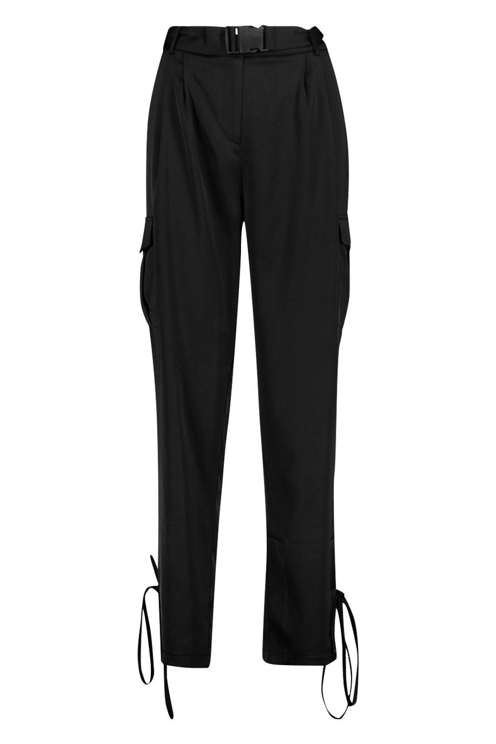 

Tie Detail Satin Cargo Trouser, Black