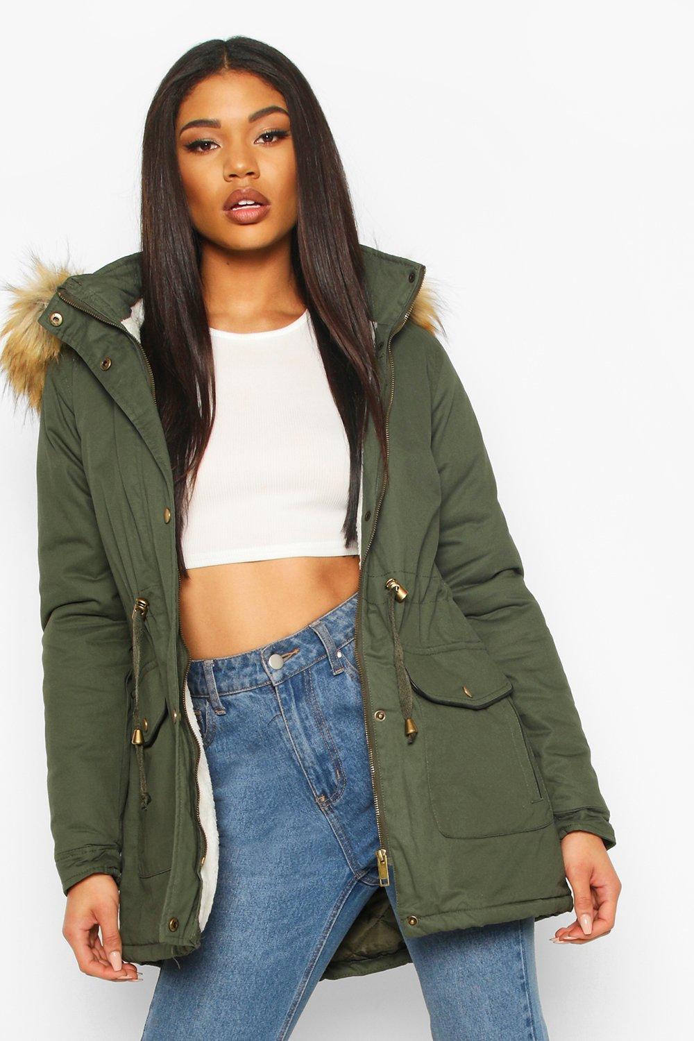 khaki faux fur trim hooded parka