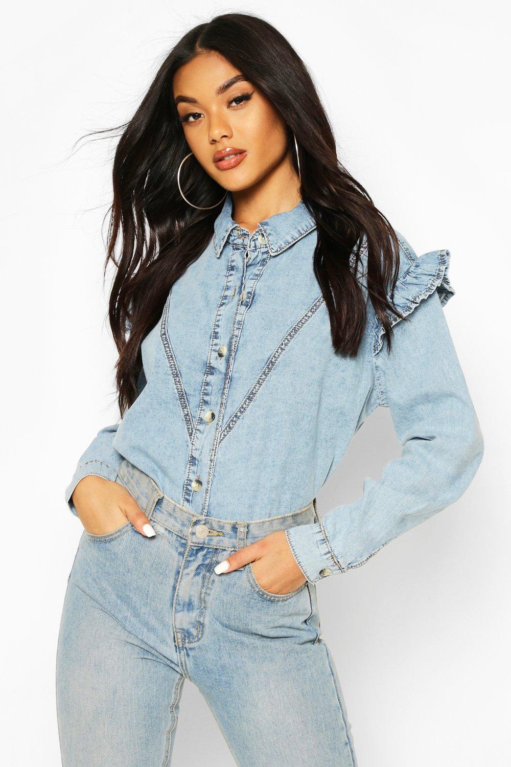 

Джинсовая рубашка с оборками с эффектом кислотной тсирки, Light blue