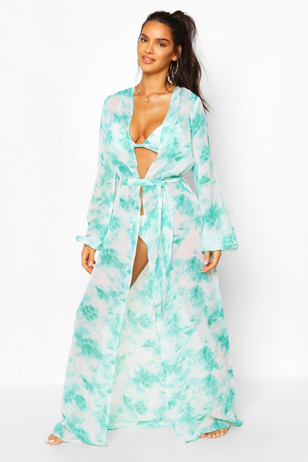 Womens Tie Dye Maxi Beach Kimono - Blue - 14, Blue