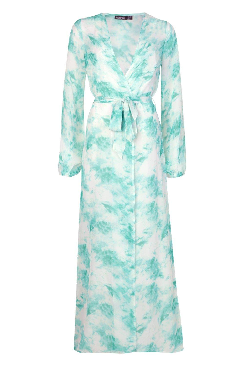 

Пляжное кимоно макси в технике узелкового батика, Turquoise