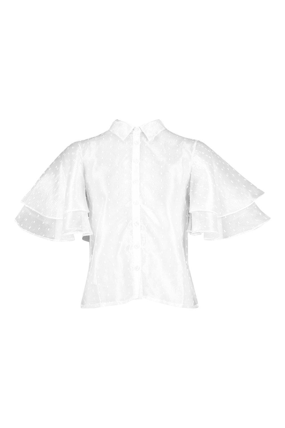 

Рубашка из органзы и крапинками из ткани добби с оборками на рукавах, White