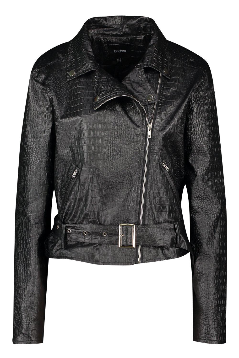 

Байкерская куртка из искусственной кожи из PU с тиснением под крокодила, Black