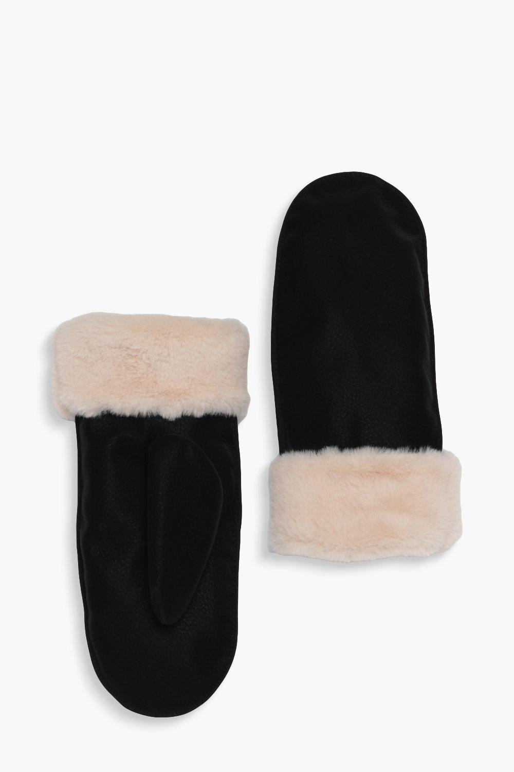 Womens Suedette Faux Fur Lined Mittens - Black - One Size, Black