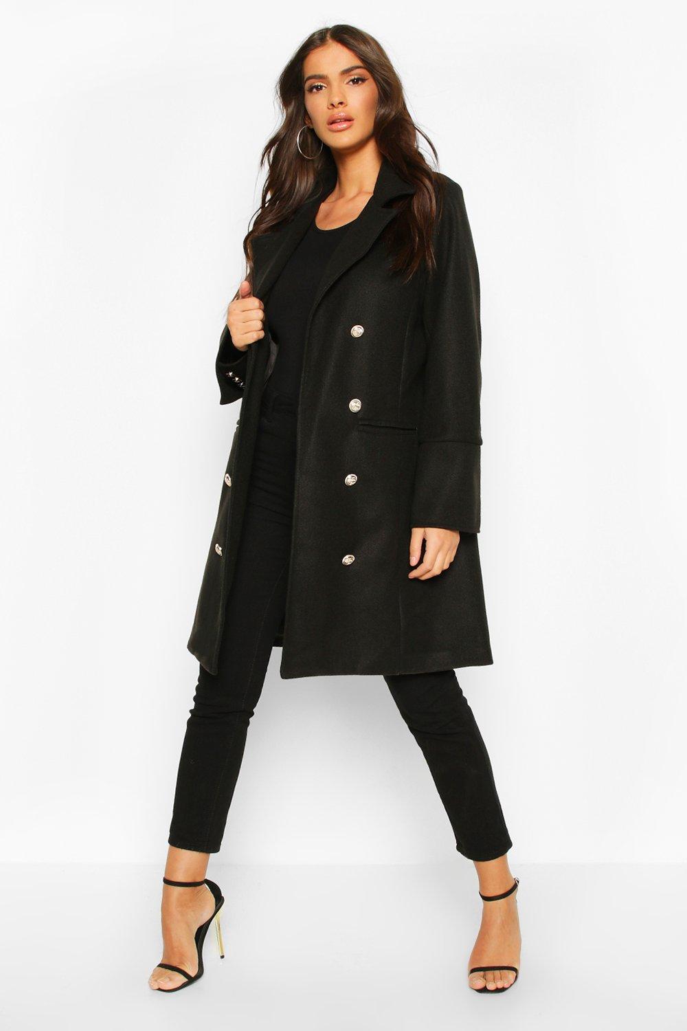 

Military Button Double Breasted Wool Look Coat, Black
