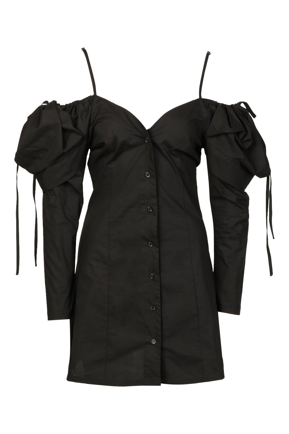 

Cotton Cold Shoulder Puff Sleeve Mini Dress, Black