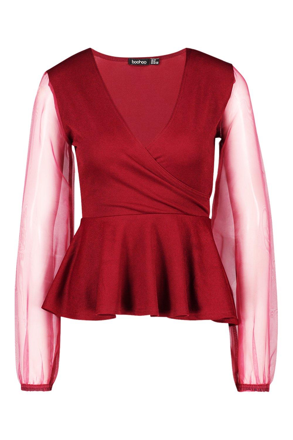 

Organza Sleeve Crepe Wrap Top, Wine