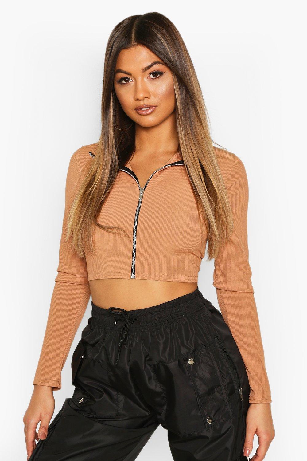 

High Neck Zip Front Crop Top, Camel