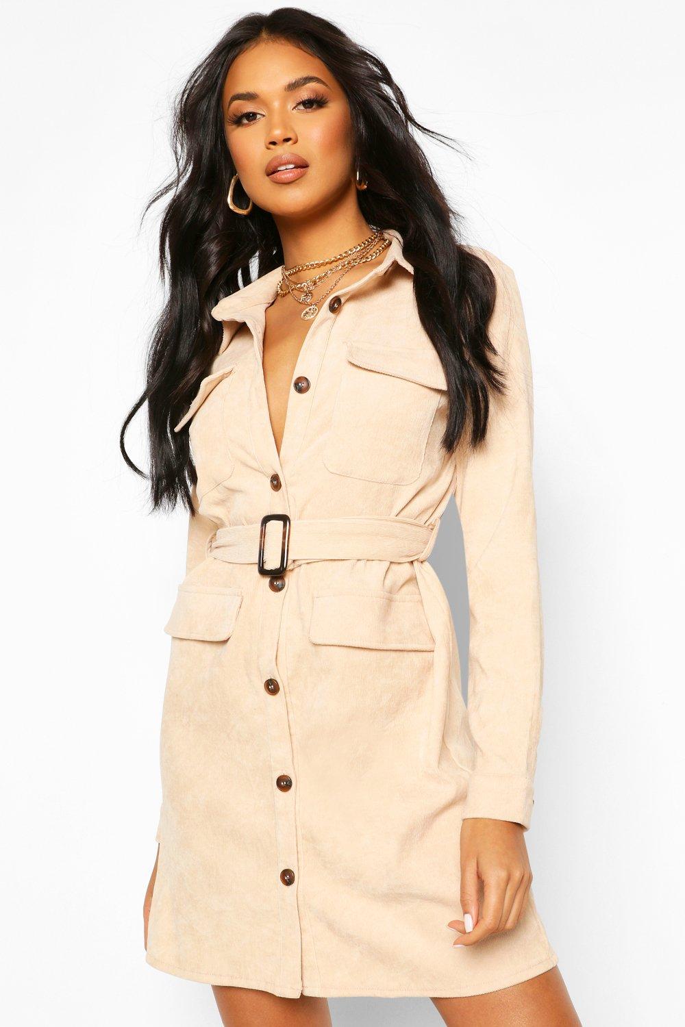 

Baby Cord Utility Pocket Shirt Dress, Stone