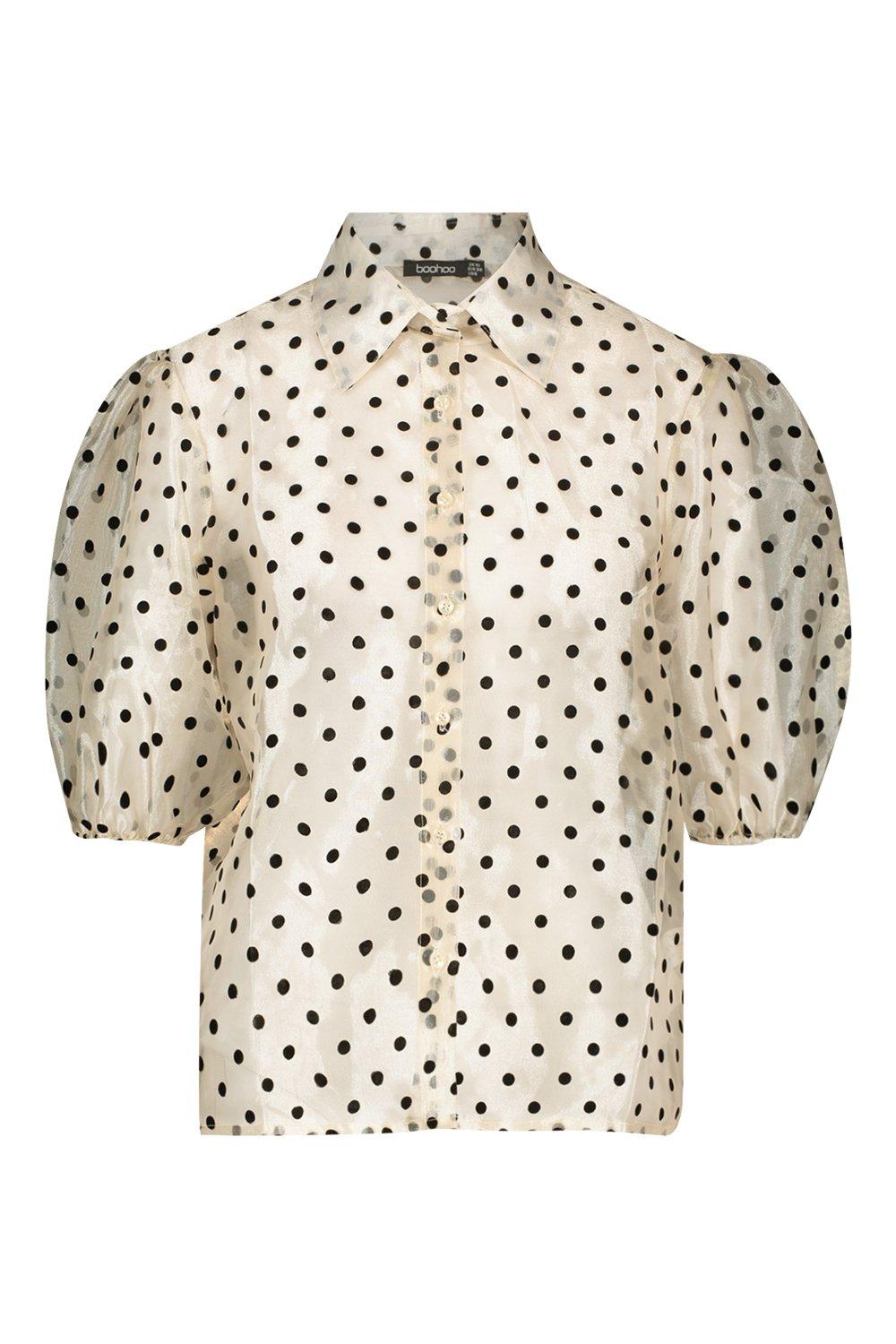 

Polka Dot Organza Puff Sleeve Shirt, Nude