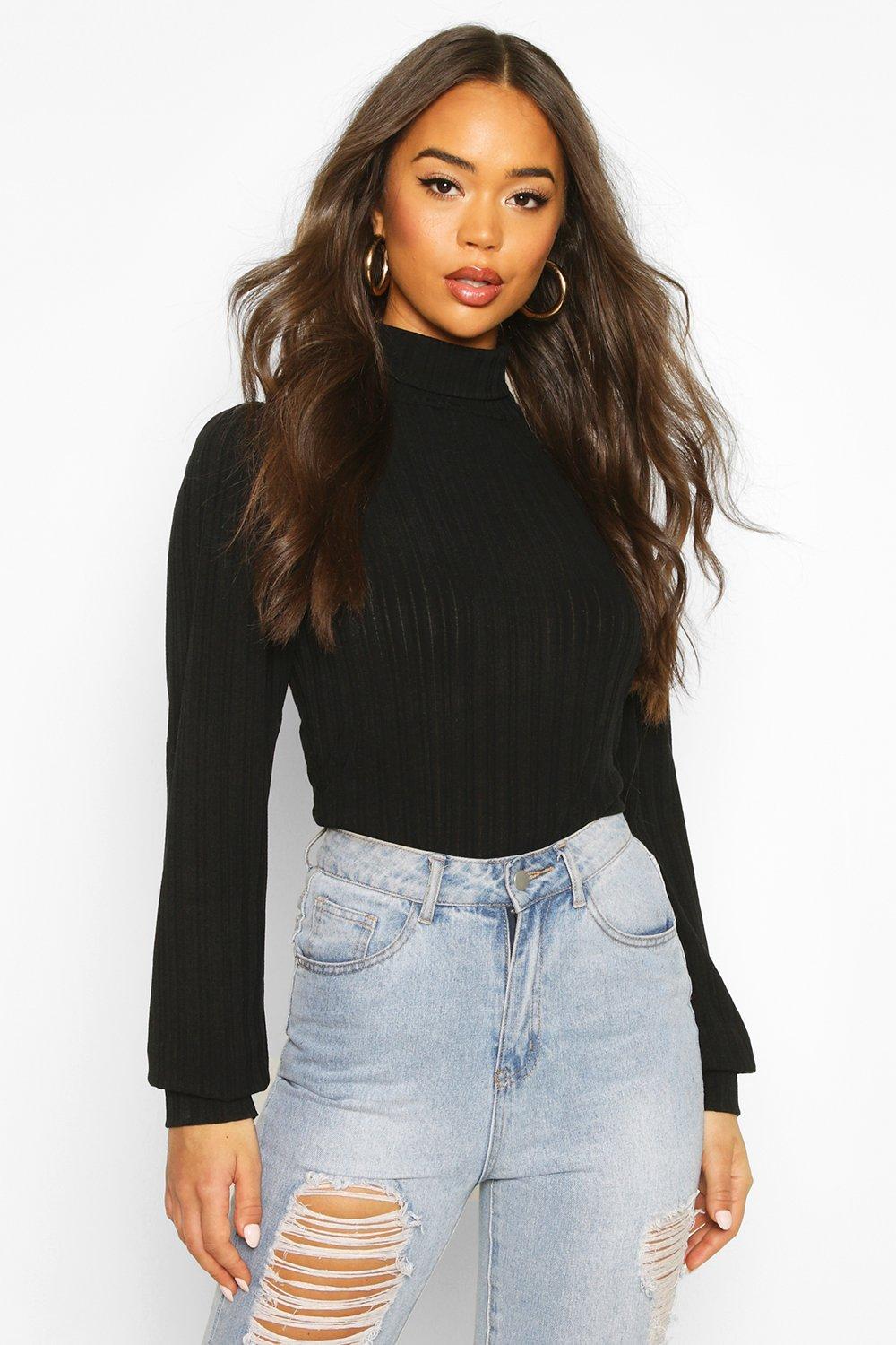 black roll neck long sleeve top