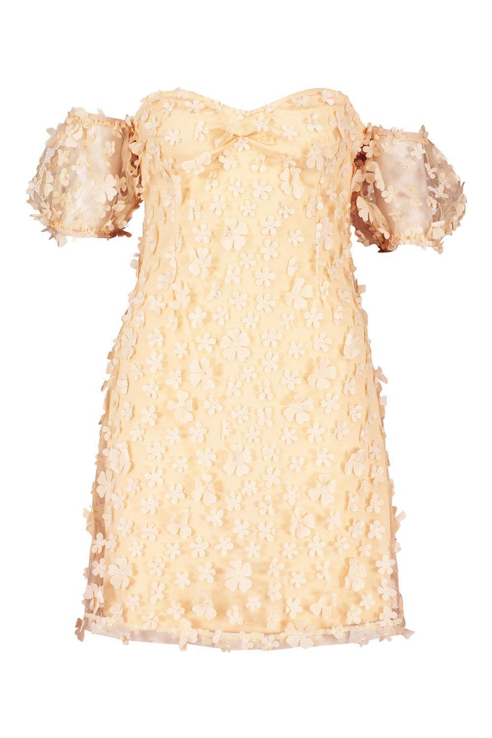 

Floral Lace Puff Sleeve Off The Shoulder Mini Dress, Nude