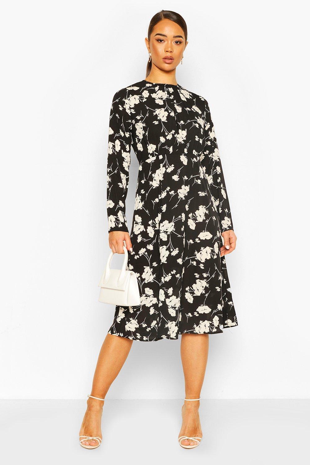 

Floral Print Gathered Detail Midi Dress, Black