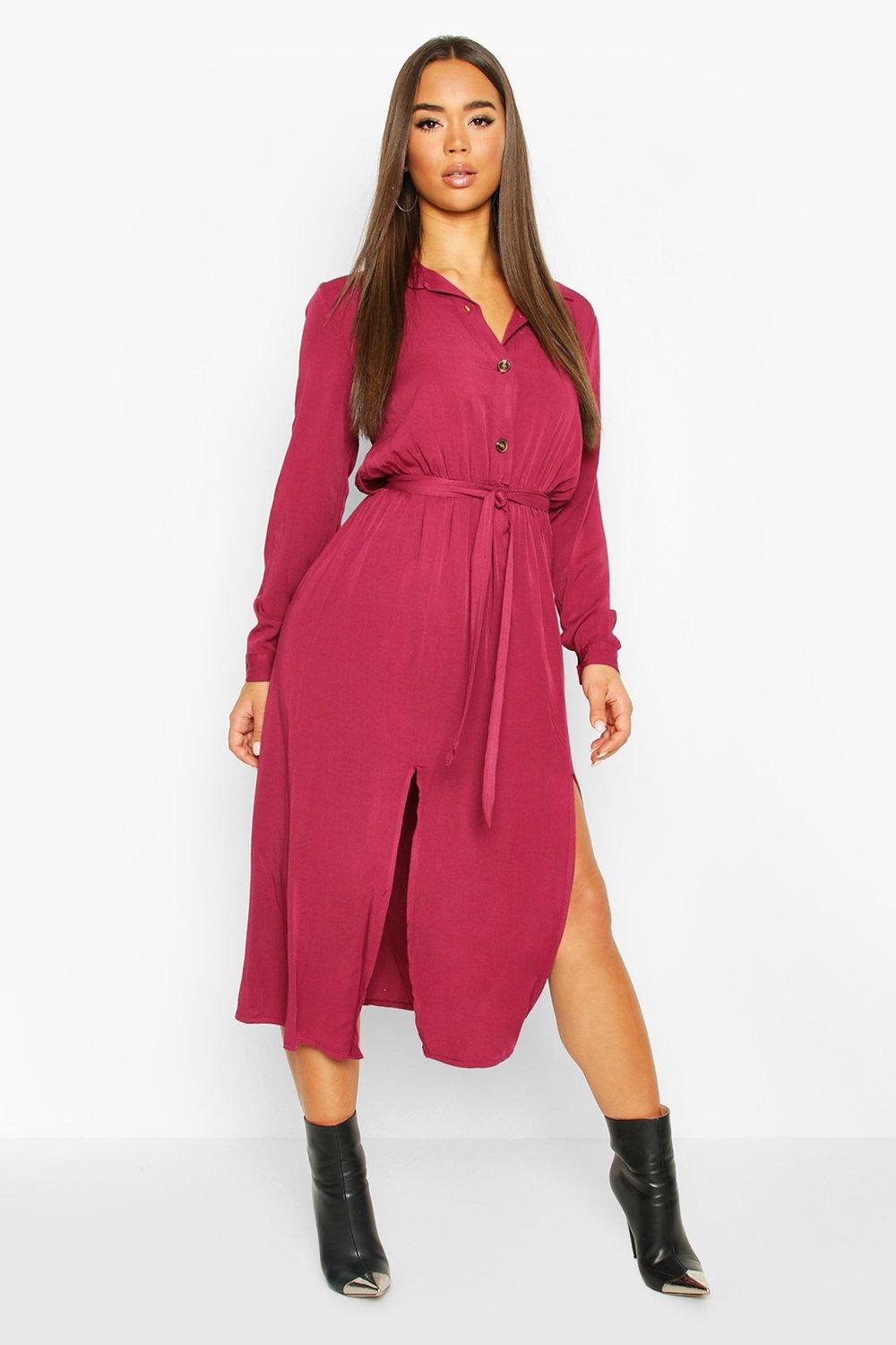 

Collar Button Through Belted Midi Dress, Wine