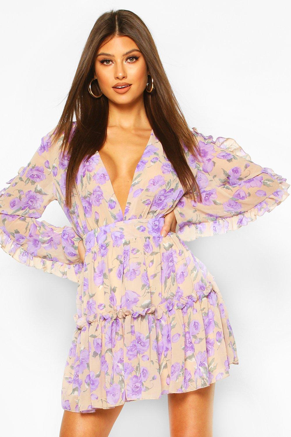 

Floral Print Ruffle Sleeve Skater Dress, Stone