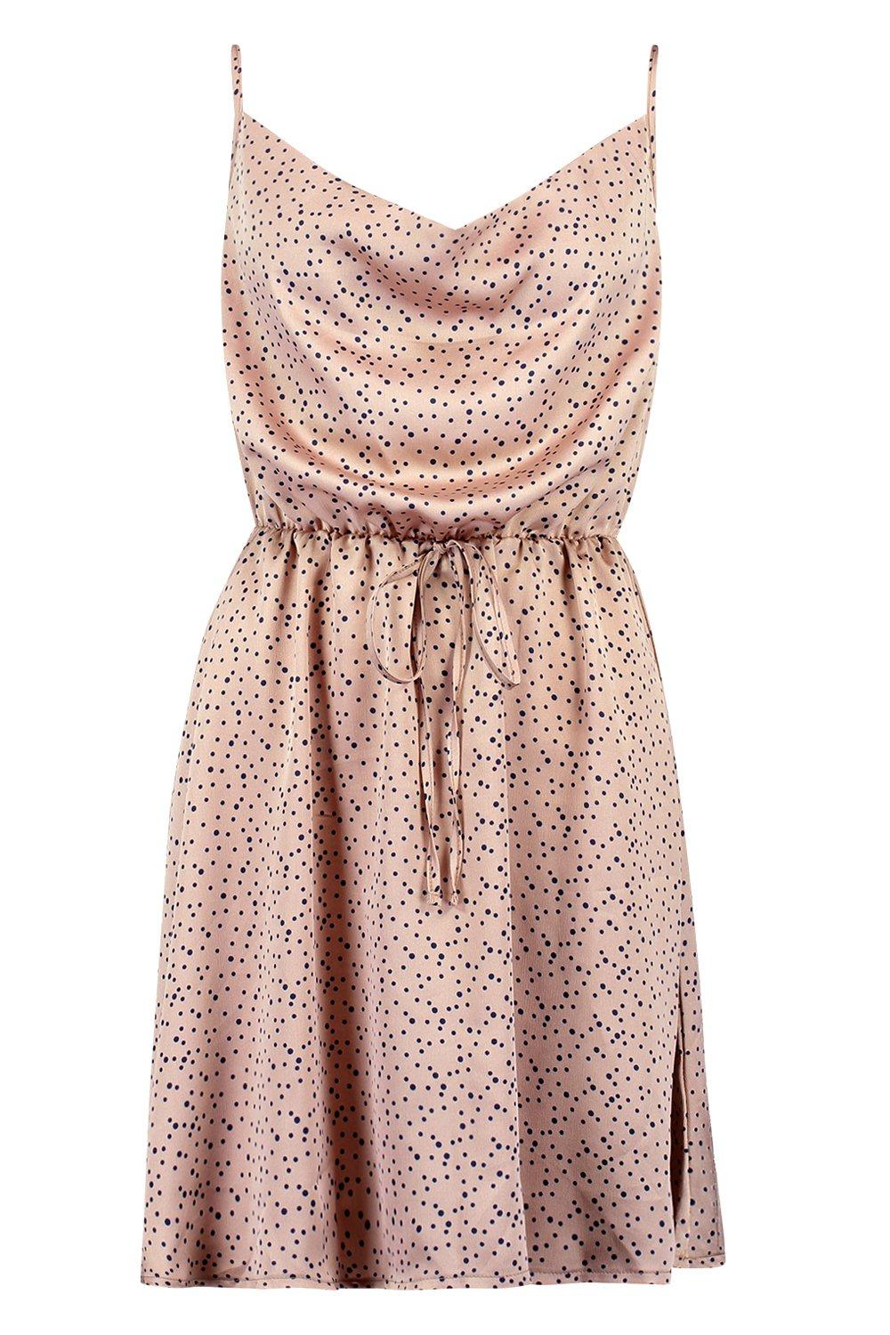 

Polka Dot Cowl Neck Skater Dress, Nude