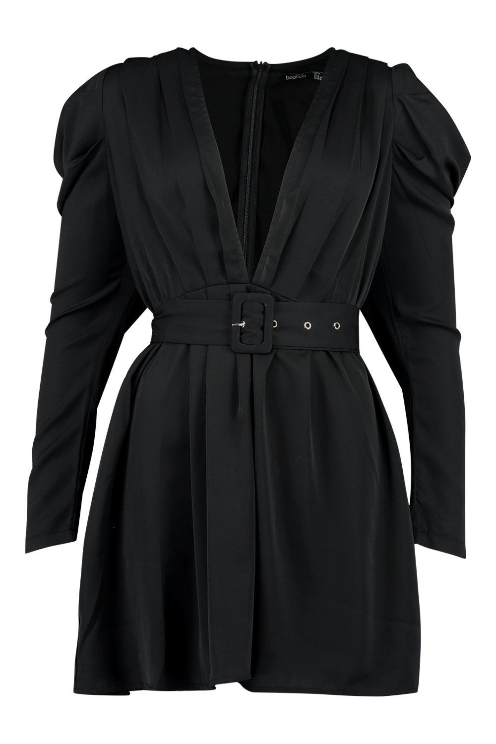 

Puff Sleeve Plunge Belted Skater Dress, Black