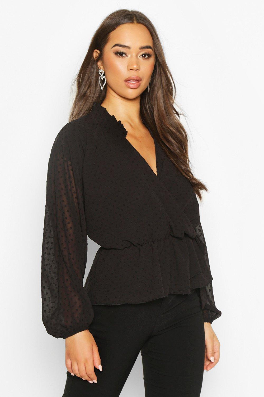 

Dobby Spot Wrap Blouse, Black