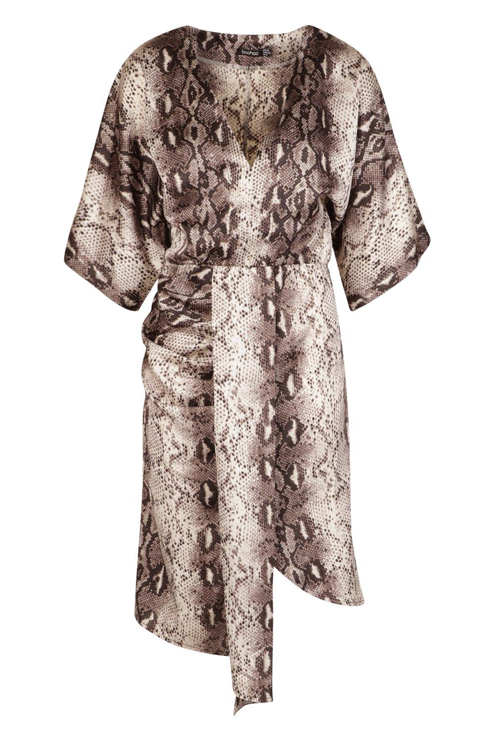 

Snake Print Kimono Sleeve Midi Dress, Brown
