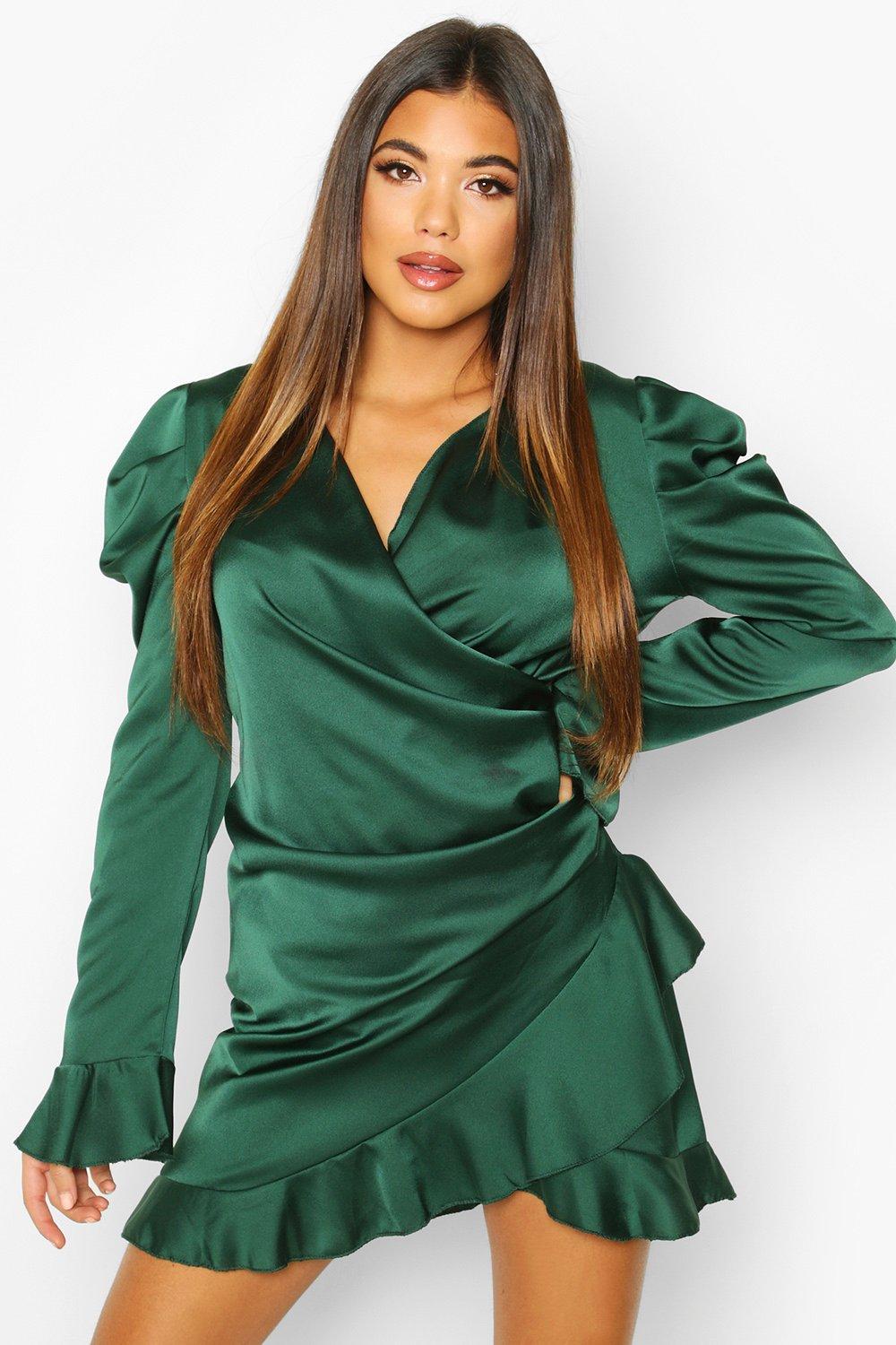 satin wrap frill dress