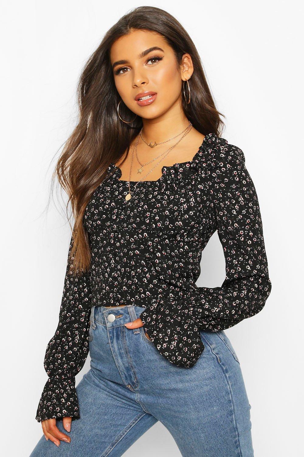 

Ditsy Floral Ruffle Flute Sleeve Woven Blouse, Black