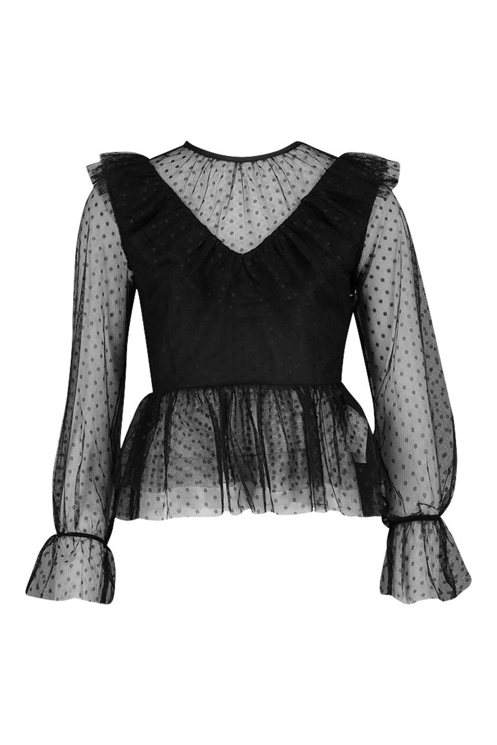 

Ruffle Mesh Polka Dot Peplum Blouse, Black