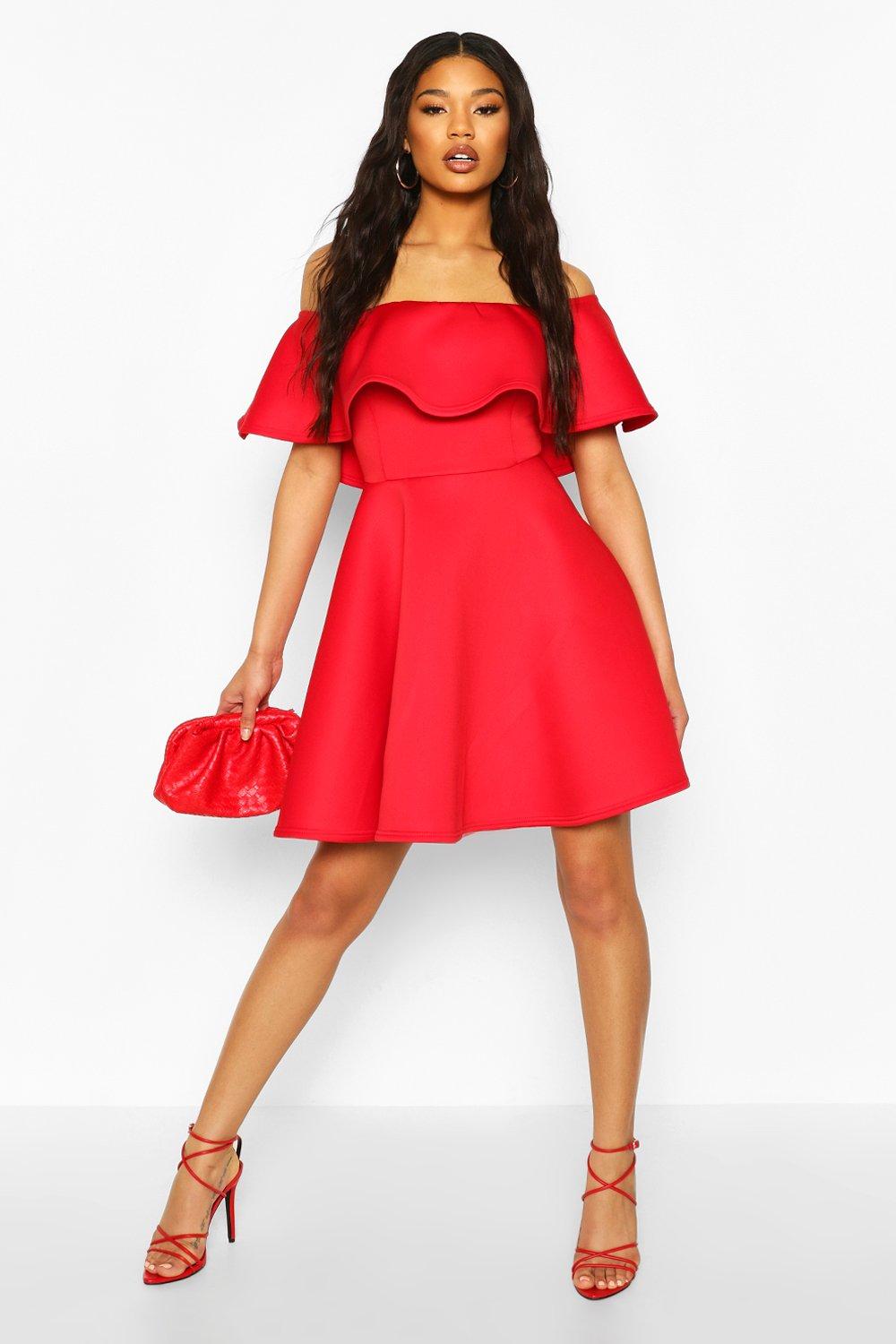 

Bonded Scuba Off The Shoulder Frill Skater Dress, Red