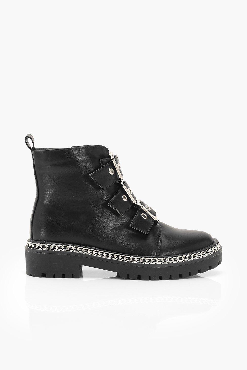 

Wide Fit Chain Detail 3 Buckle Biker Boots, Black