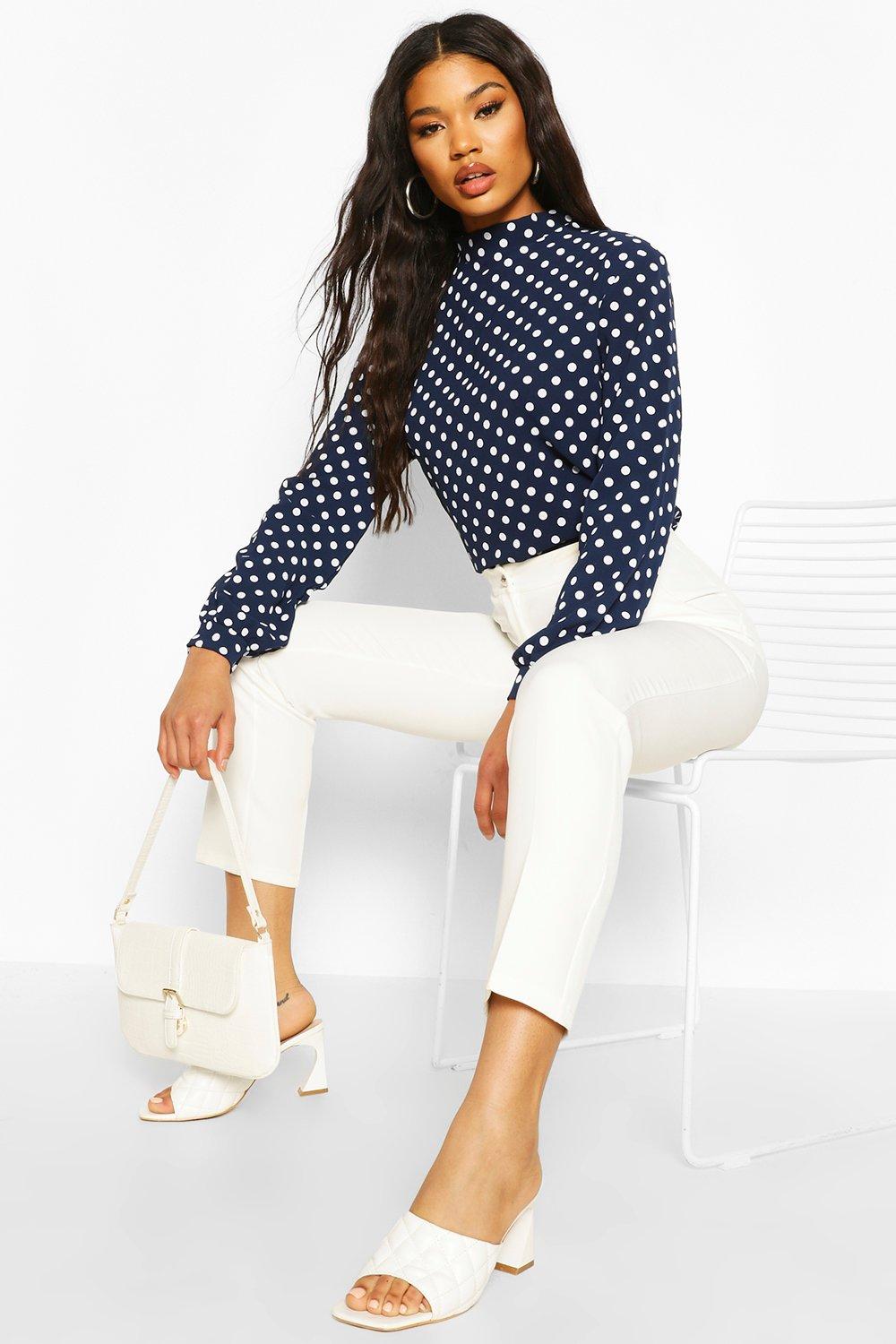 

Polka Dot High Neck Blouse, Navy