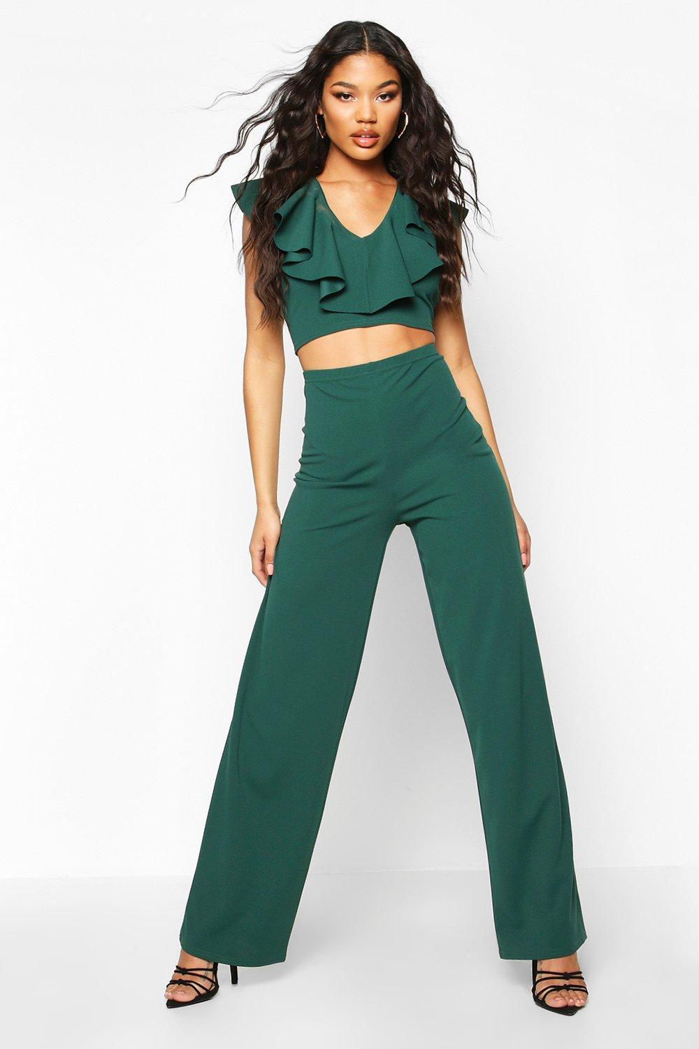 

Ruffle Detail Crop And Wide Leg Trouser Co-ord, Emerald