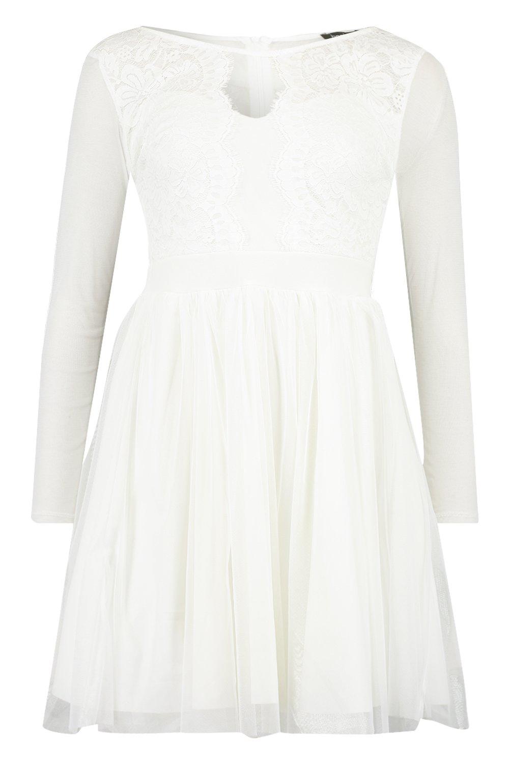 

Mesh Long Sleeve Lace Skater Dress, White