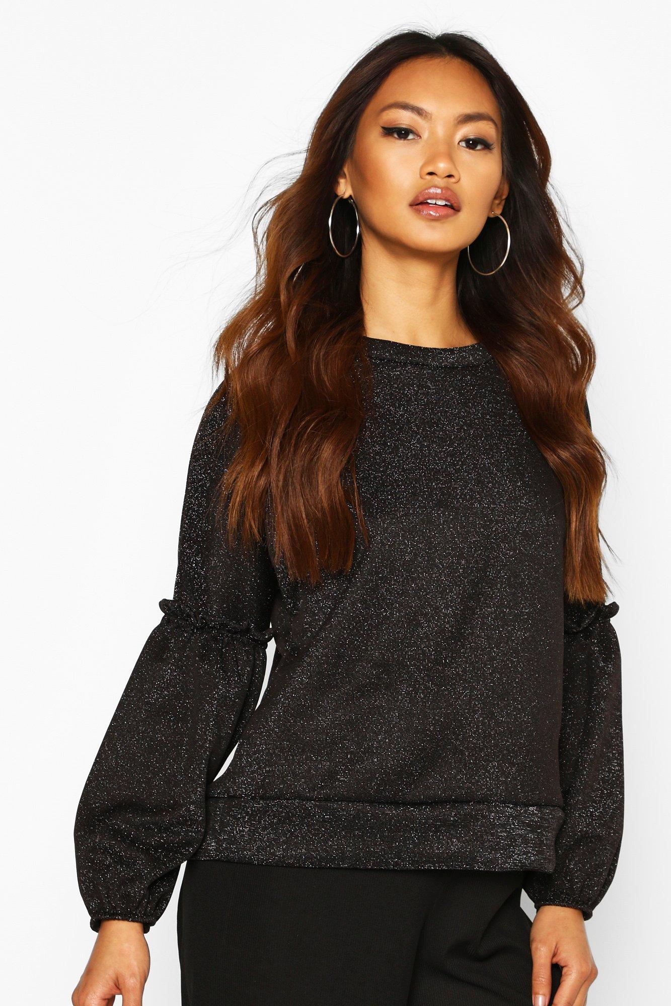 

Ruffle Puff Sleeve Sweat, Black