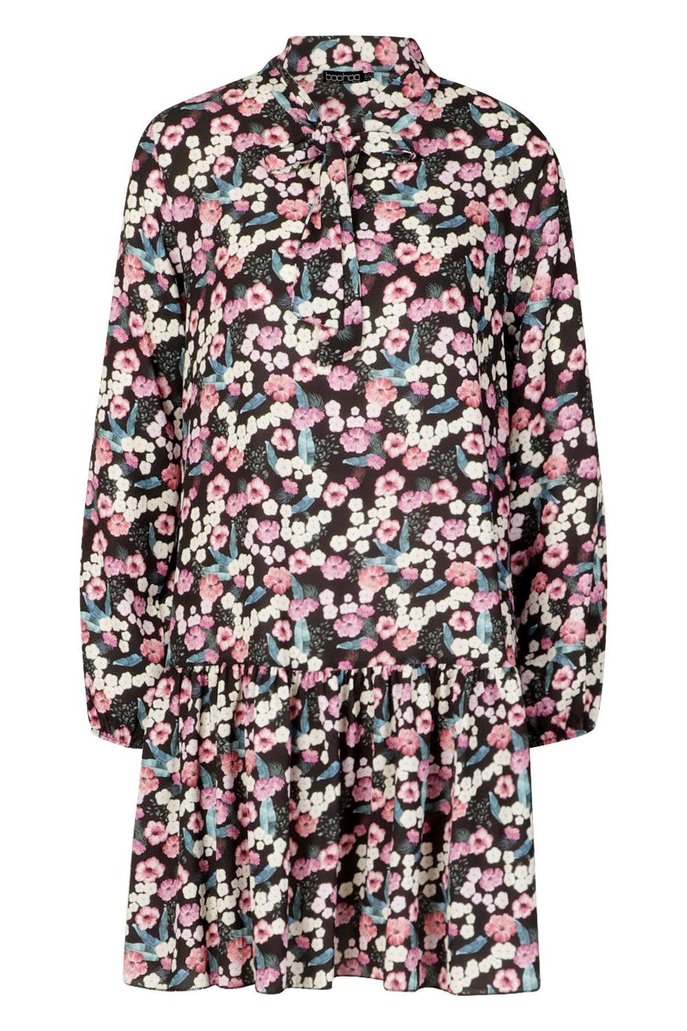 

Floral Tie Neck Smock Dress, Black