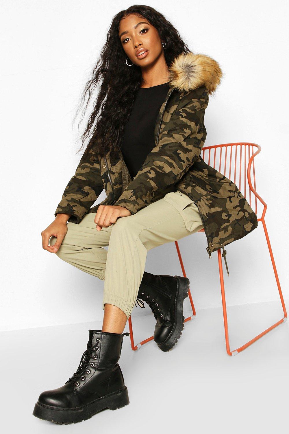 

Camo Print Faux Fur Trim Parka, Khaki