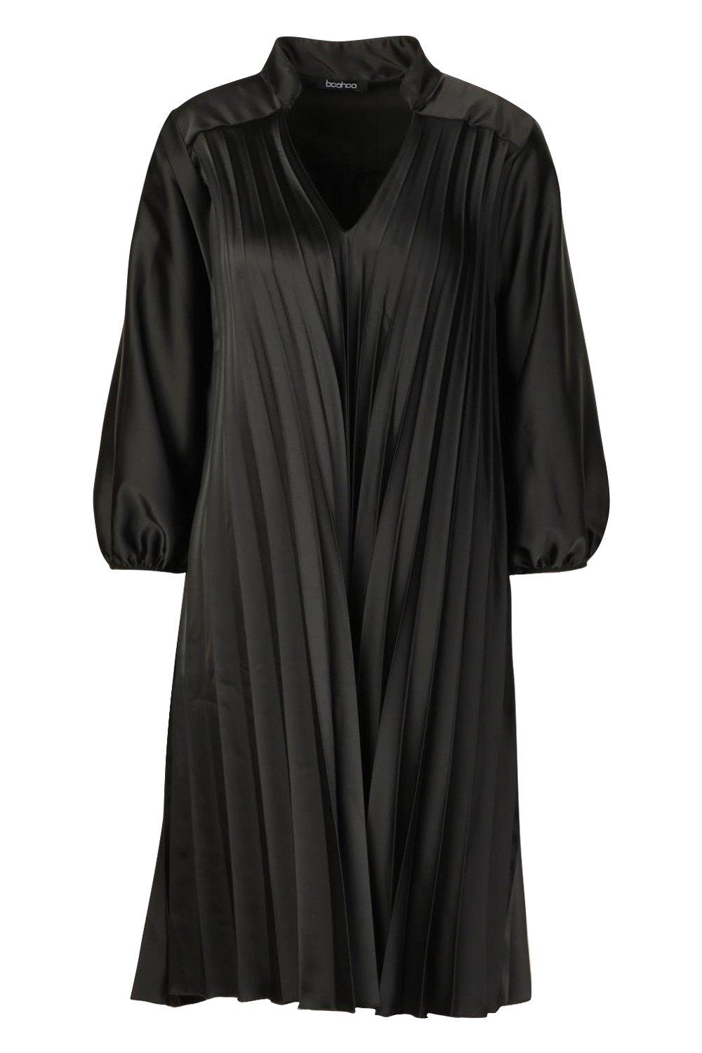 

V Neck Pleated Midi Dress, Black