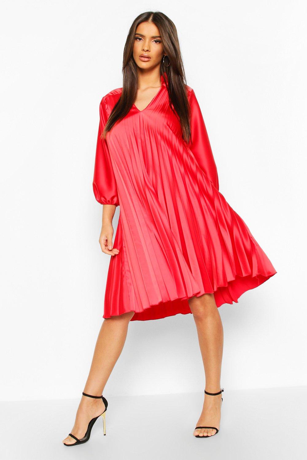 

V Neck Pleated Midi Dress, Red