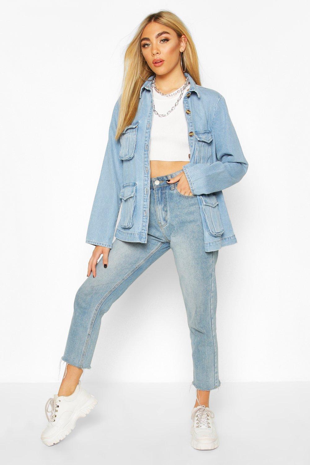 Download Mock Horn Button Utility Pocket Denim Jacket | boohoo ...