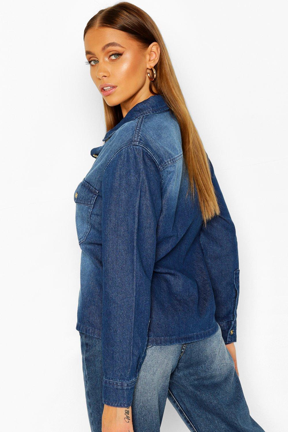 

Oversized Mock Horn Button Denim Shirt, Mid blue