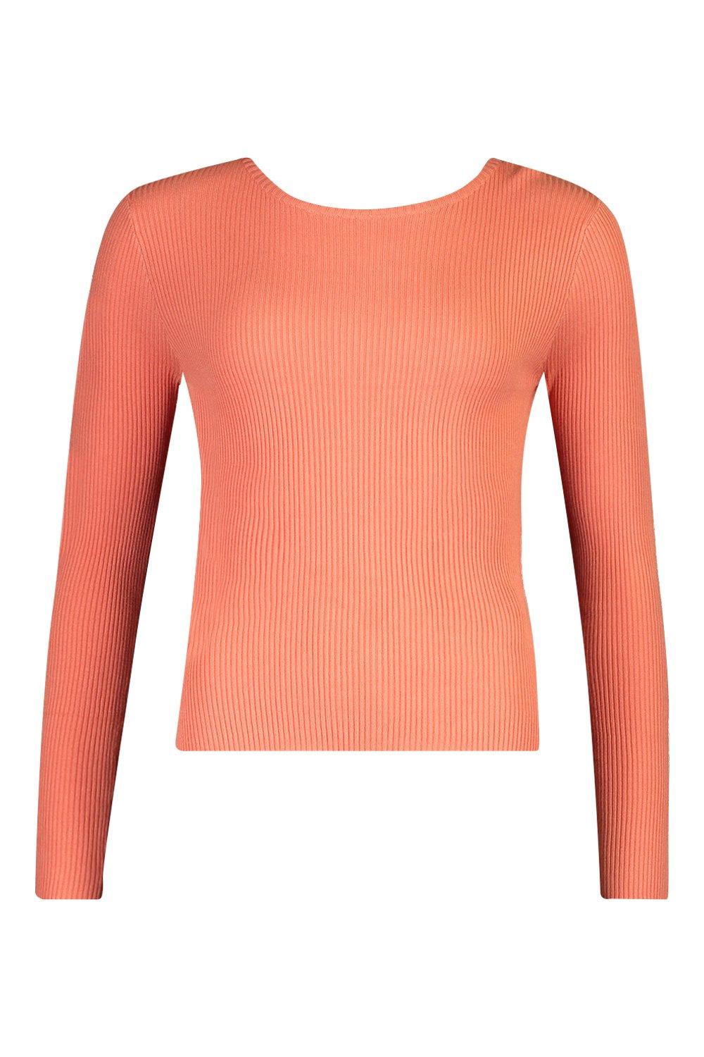 

Rib Knit Crew Neck Long Sleeve Top, Salmon