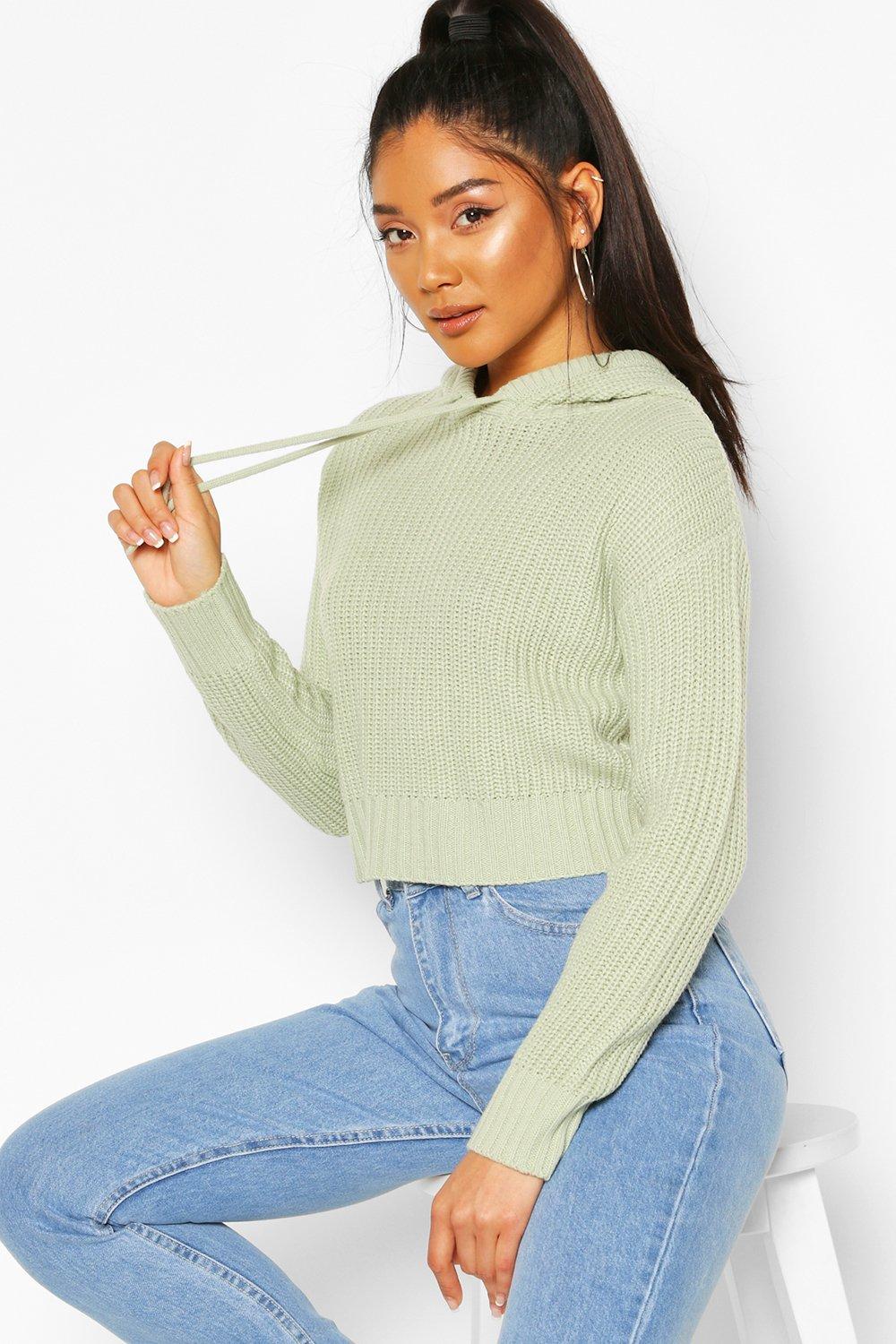 

Knitted Hooded Cropped Jumper, Sage