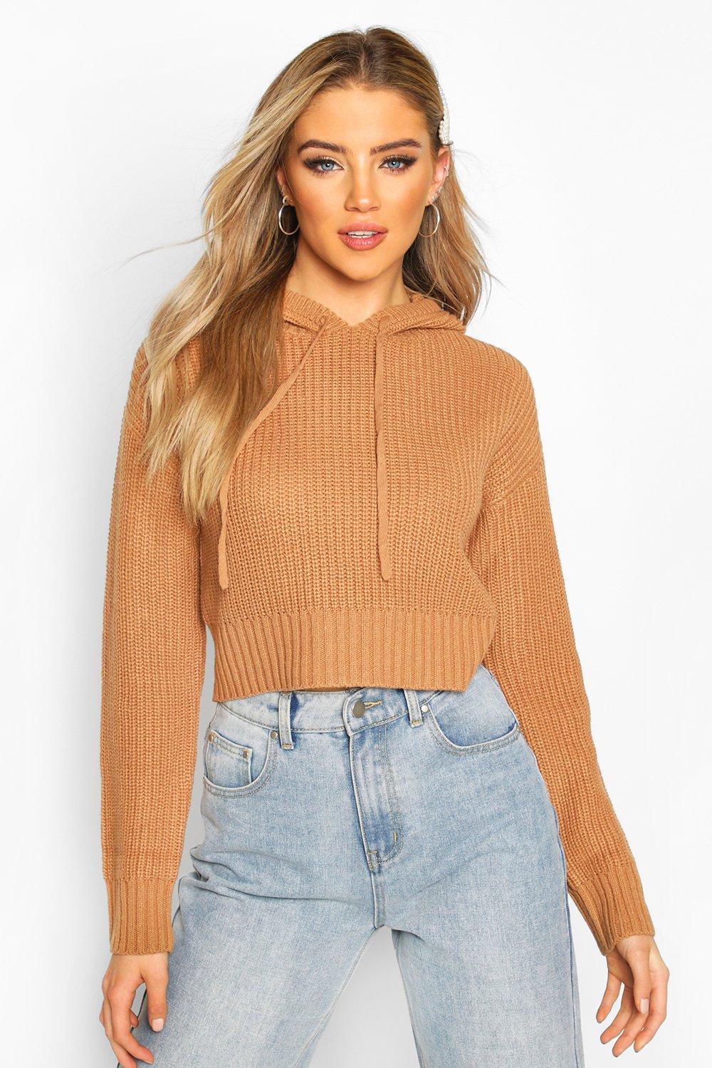 

Knitted Hooded Cropped Jumper, Toffee