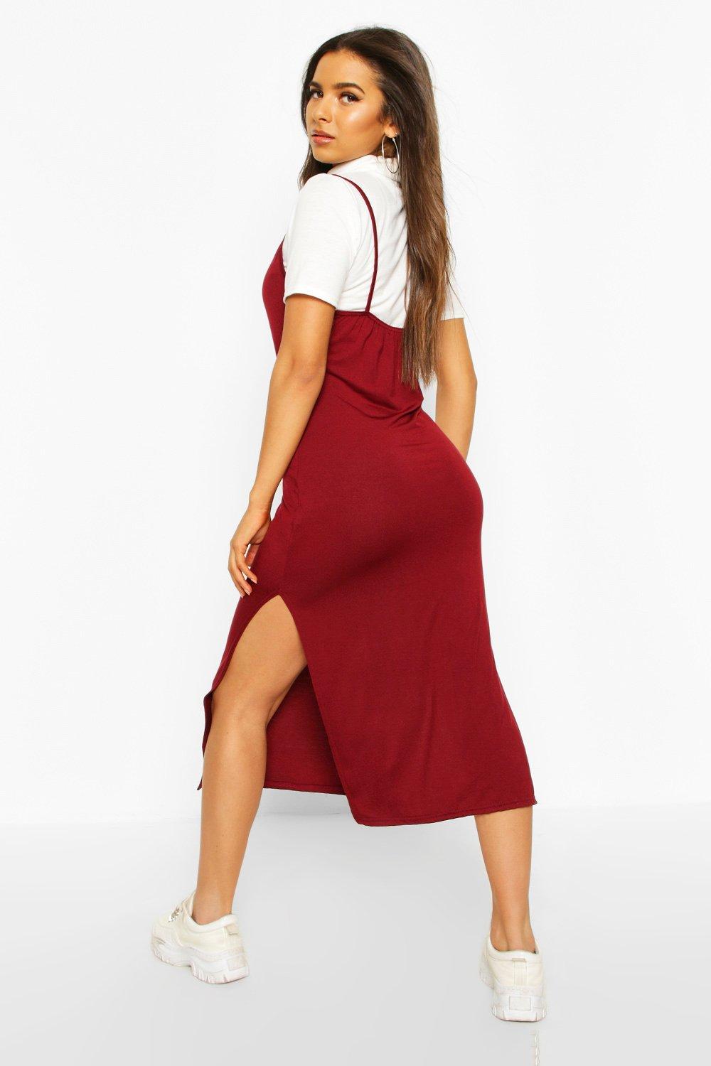 

Roll Neck Layered T-shirt Midi Slip Dress, Black