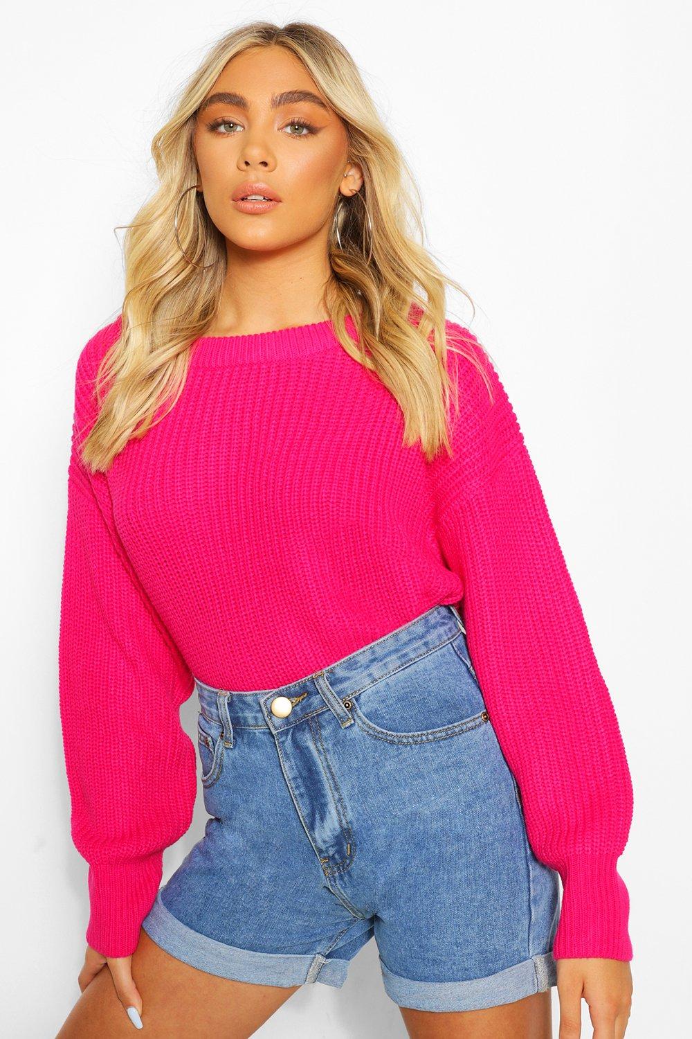 

Slash Neck Knitted Jumper, Hot pink