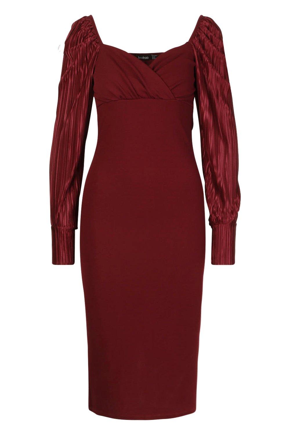 

Pleated Sleeve Wrap Detail Midi Dress, Berry