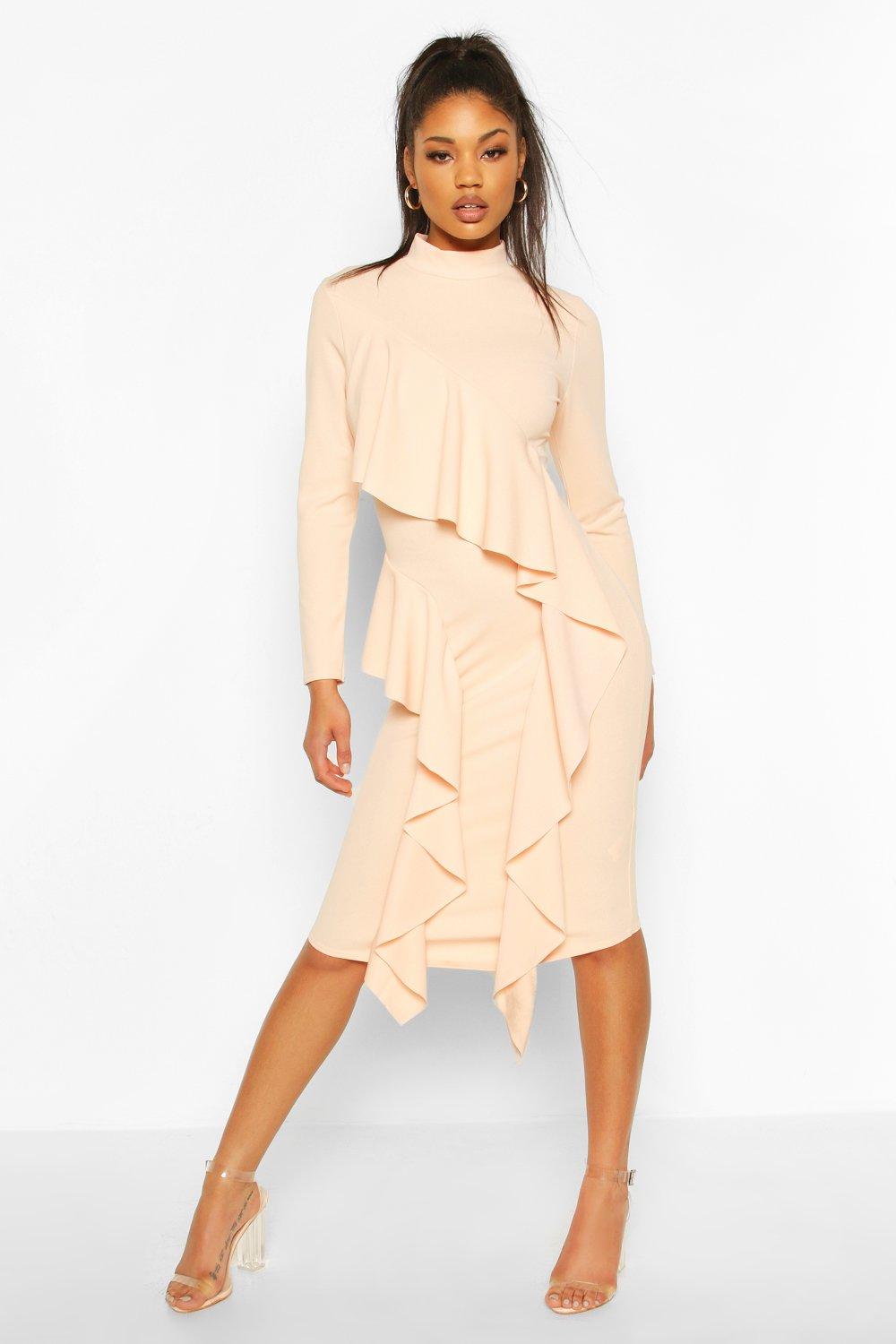 

High Neck Ruffle Front Midi Dress, Blush