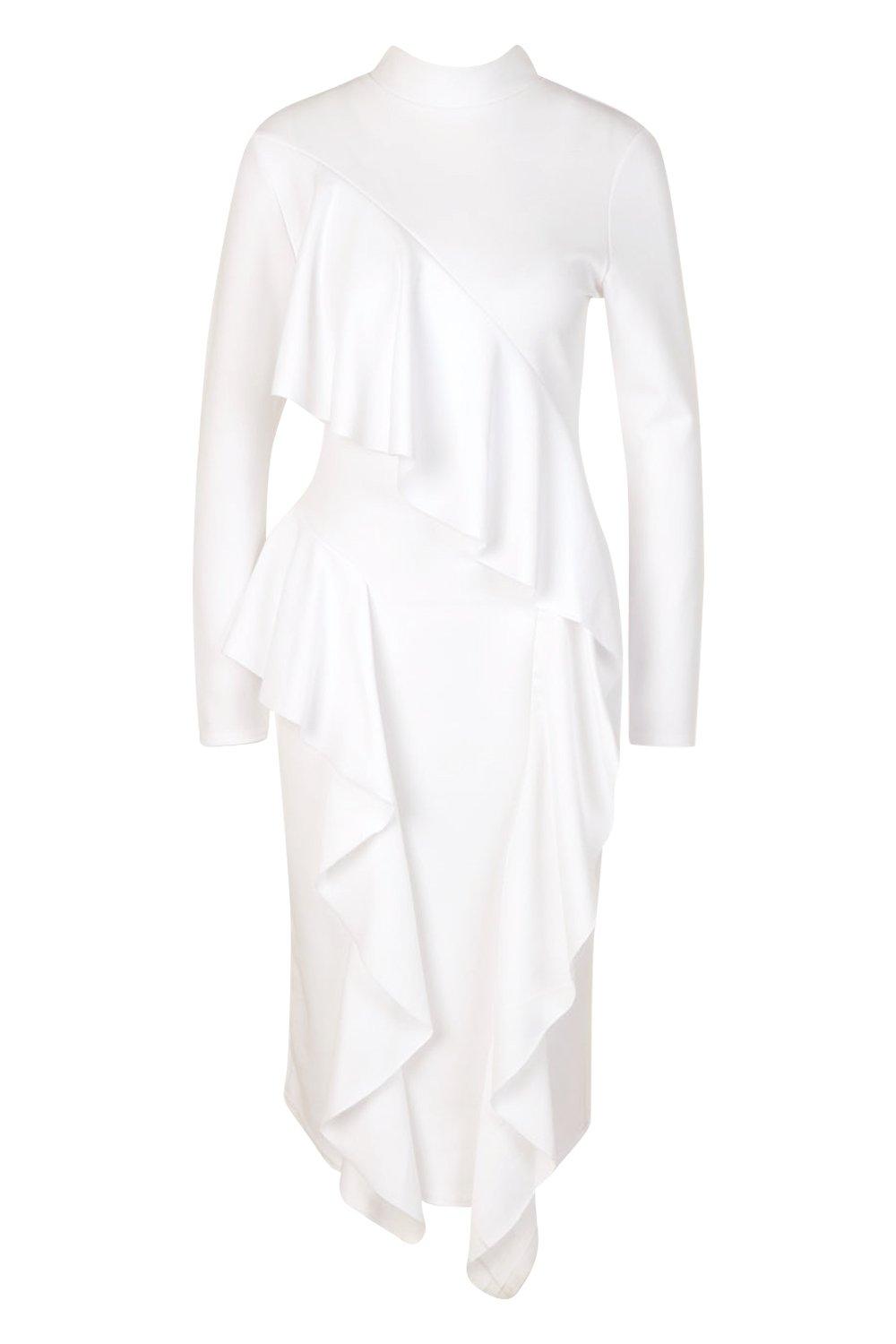

High Neck Ruffle Front Midi Dress, White
