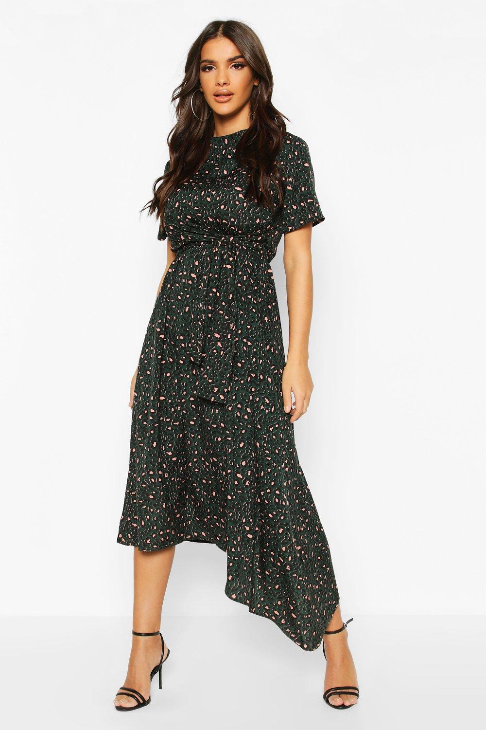 

Leopard High Neck Angel Sleeve Asymmetric Midi Dress, Green