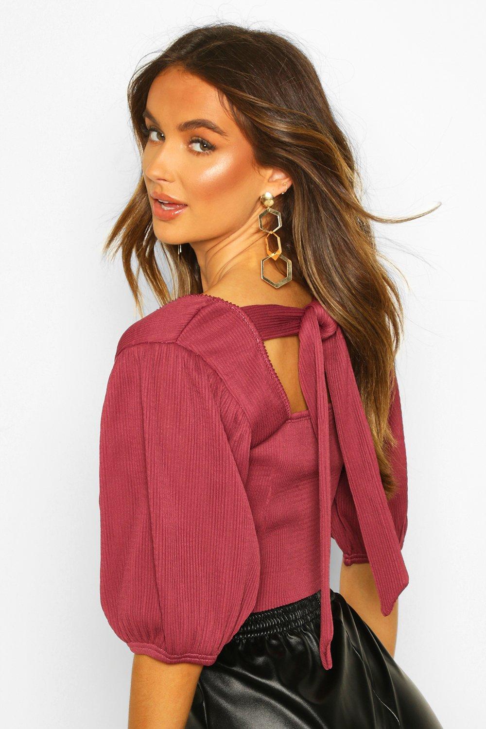 

Deep Ribbed Tie Back Volume Puff Sleeve Top, Dusky pink