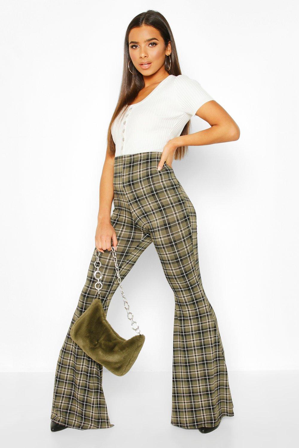 

Tartan Check Jersey Flares, Bottle green